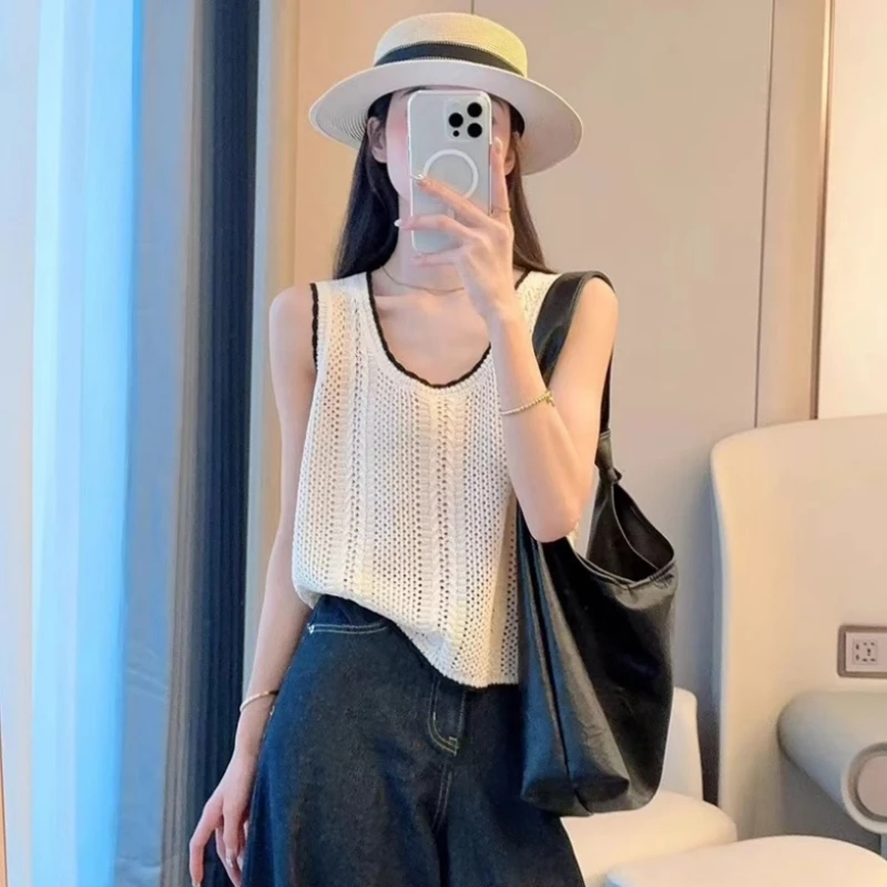 镂空冰丝针织吊带背心女夏季薄款设计感小众宽松显瘦无袖别致上衣