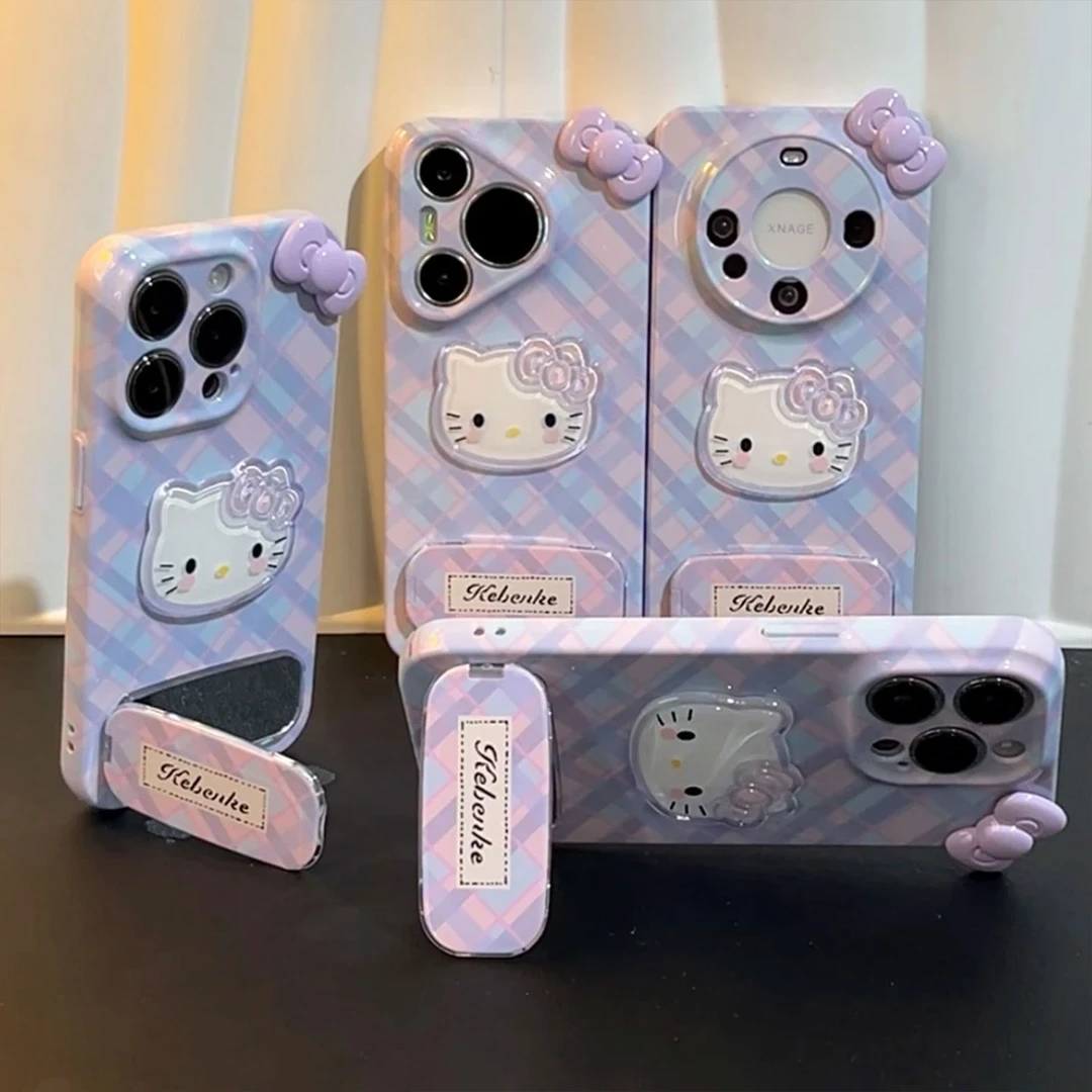 紫格纹KT猫镜面支架菲林壳适用iPhone16p手机壳苹果15promax小米1