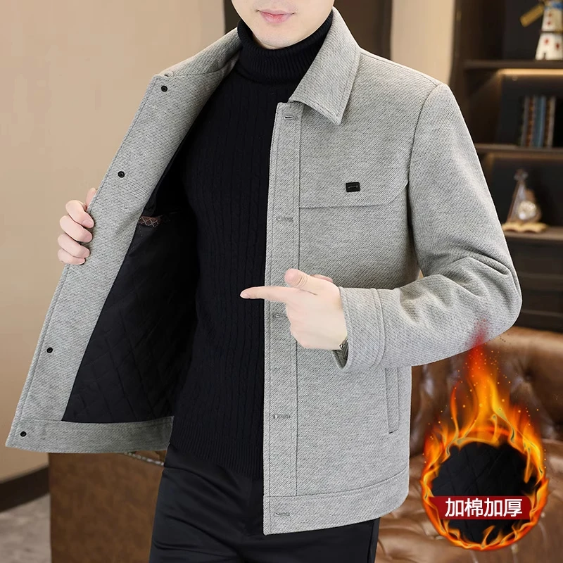 潮牌翻领男士夹克外套男款秋冬季新款加绒加厚时尚休闲毛呢上衣服