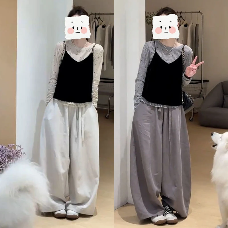 高级感巨好看套装早秋韩系简约波点长袖打底衫背心阔腿裤三件套装