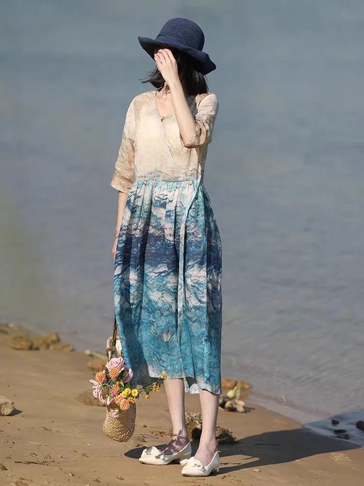 【心怡专属】100苎麻连衣裙女长款夏季时尚V领显瘦碎花苎麻大摆裙子