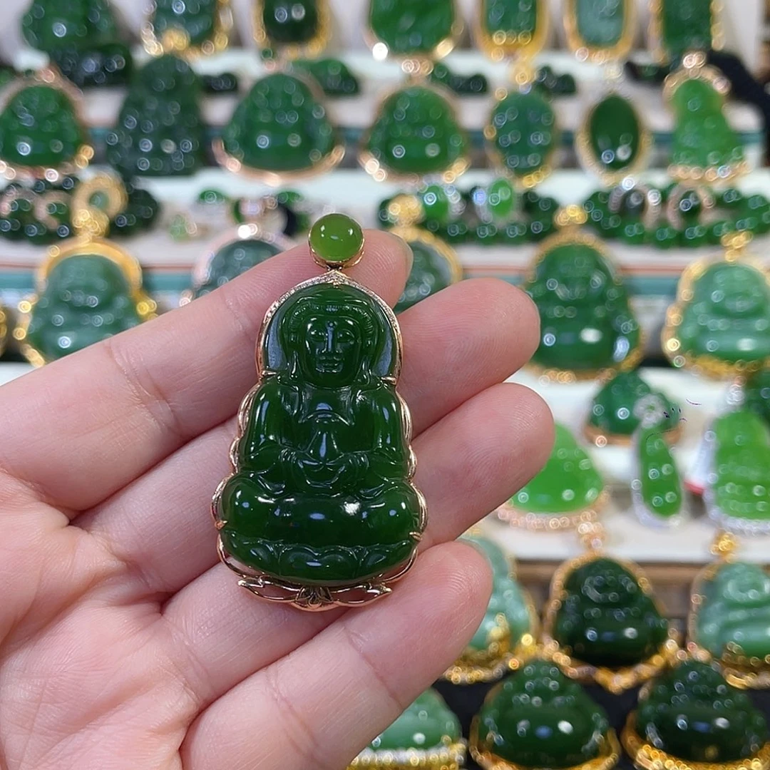 和田玉（碧玉）18K金镶嵌颈饰辣绿观音40mm