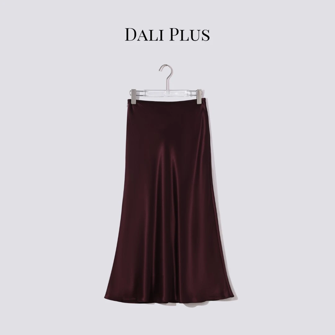 DALI PLUS醋酸波尔多酒红色复古奢华高腰半身鱼尾裙-D5DD1020