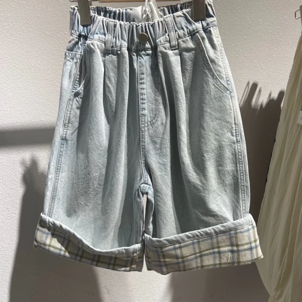 8390儿童卷边格子牛仔裤