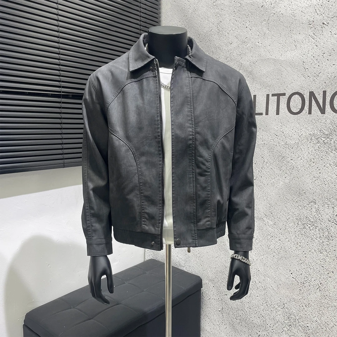 秋季新款复古扎染pu皮外套青年男士翻领皮衣痞帅潮牌机车皮夹克男