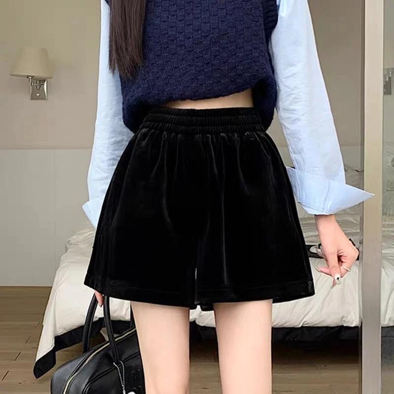 松紧腰金丝绒夏季高腰洋气外穿不招灰薄款短裤