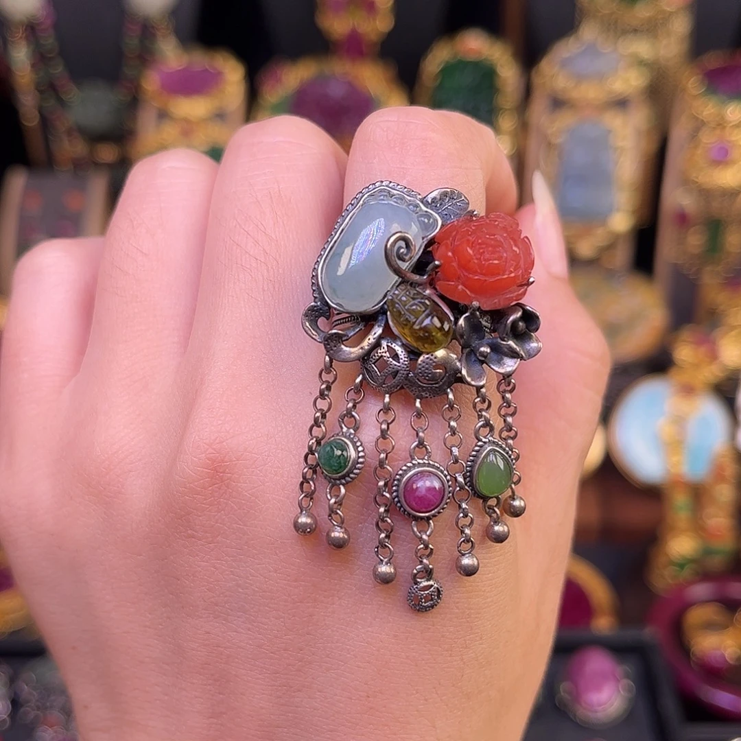 银S925镶嵌戒指翡翠多宝戒指