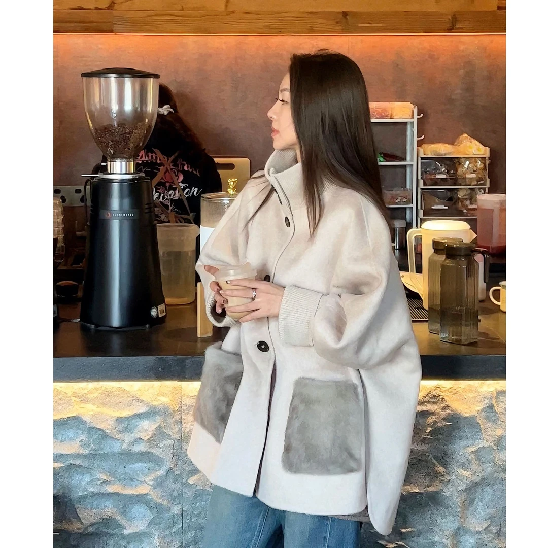 【容雨RYHOME】100%绵羊毛立领水貂毛宽松中长款大衣外套253W2668