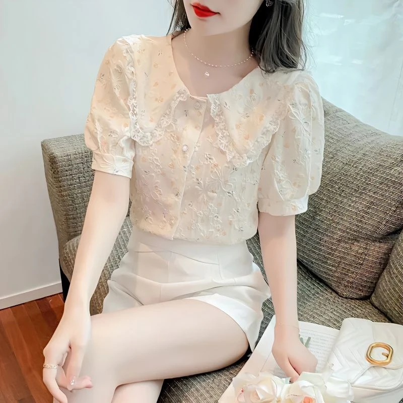 2025新款夏碎花泡泡袖雪纺短袖衬衫女娃娃领设计感小众短袖上衣女