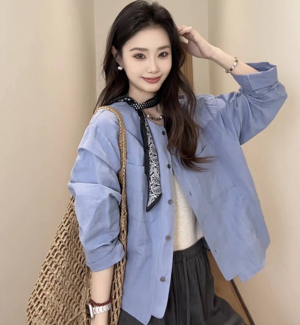 JIUJIU【潮流先锋】通勤简约百搭松弛感圆领衬衫上衣女