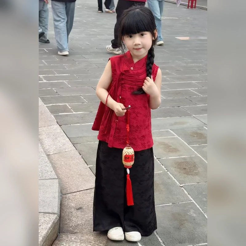 女童套装儿童节日礼服宝宝夏装洋气喜庆衣服新中式汉服国风两件套