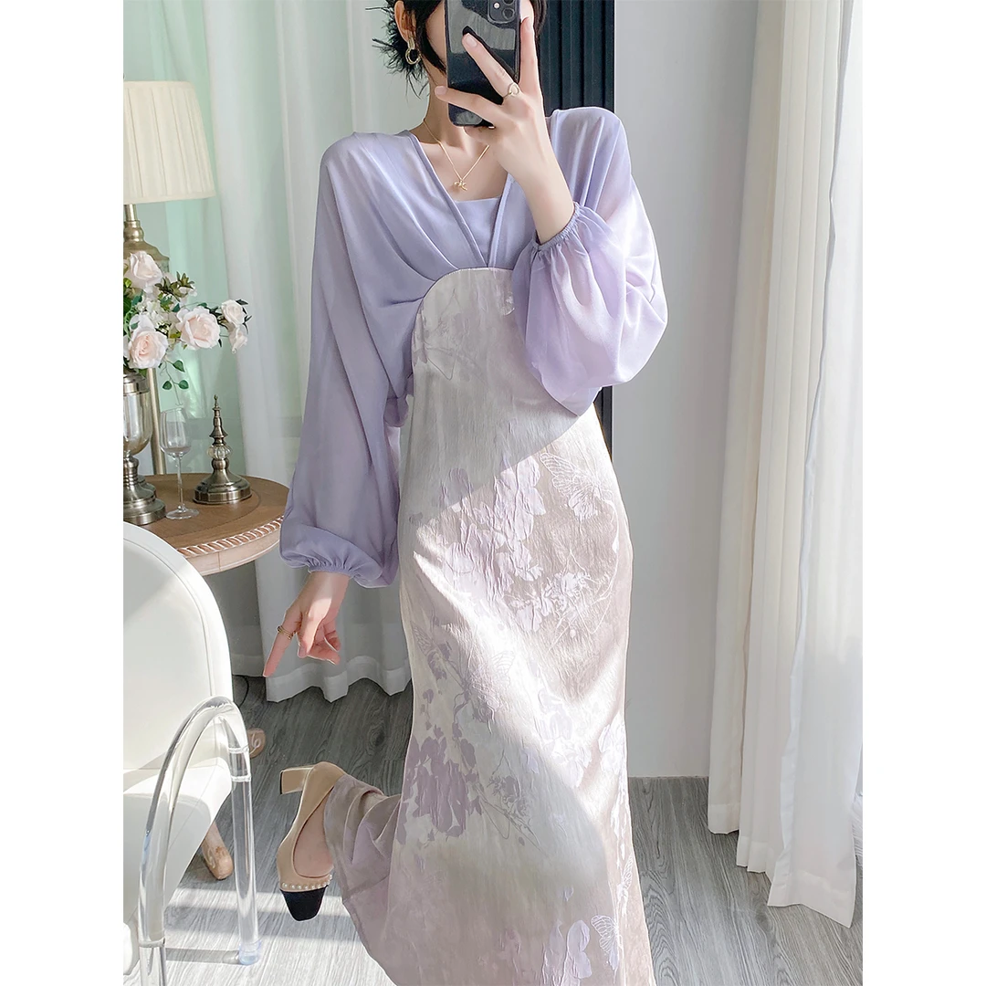 【紫萱】2025新款假两件提花缎面高腰斜裁连衣裙JJC5LYQ1496长袖