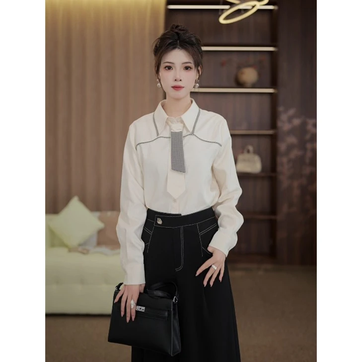 TITI定制【时代格语】轻奢气质拼色长袖衬衫宽松显瘦上衣TL3903081