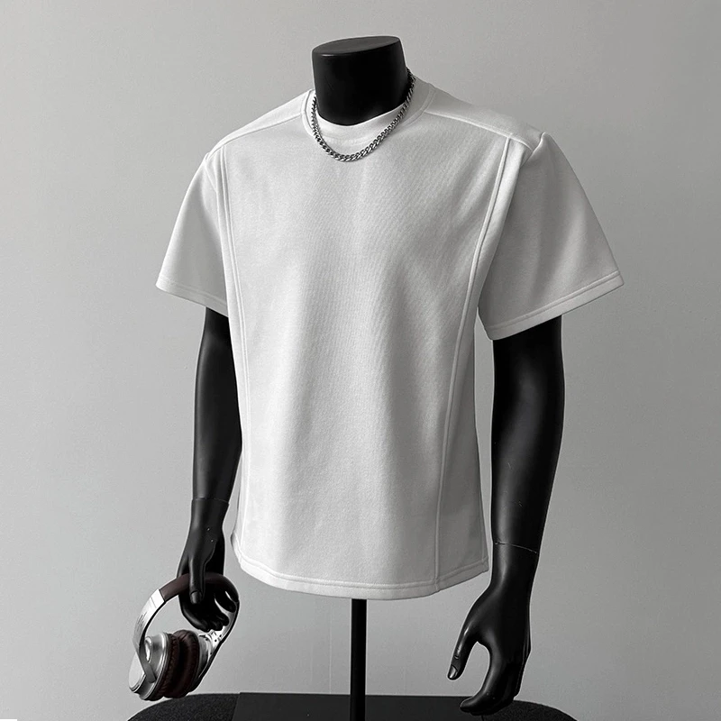 2025夏季新款轻奢痞帅男装正肩挺阔高级感短袖T恤男拼接圆领上衣