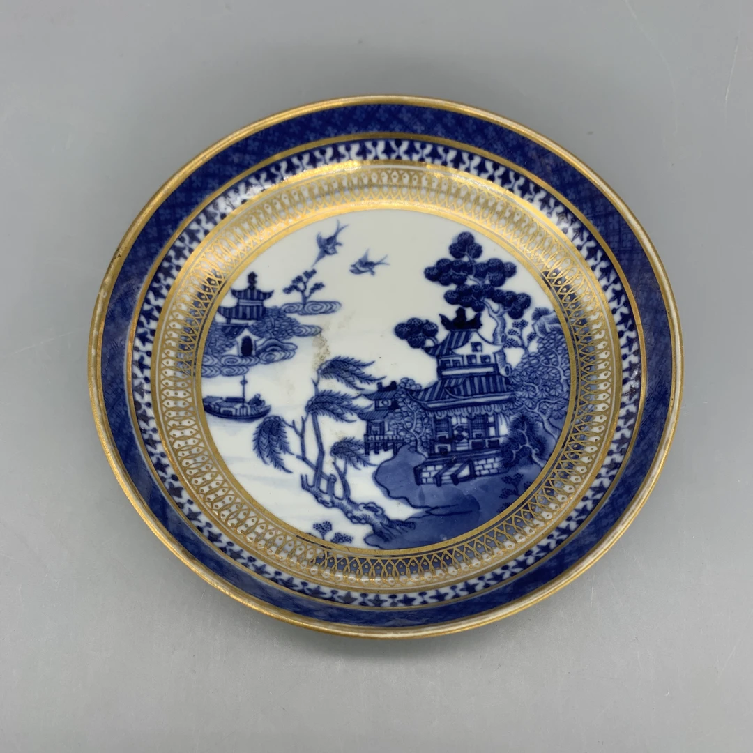 62512199*清乾隆青花描金山水纹盘/瓷器六/江苏省文物总店/MM