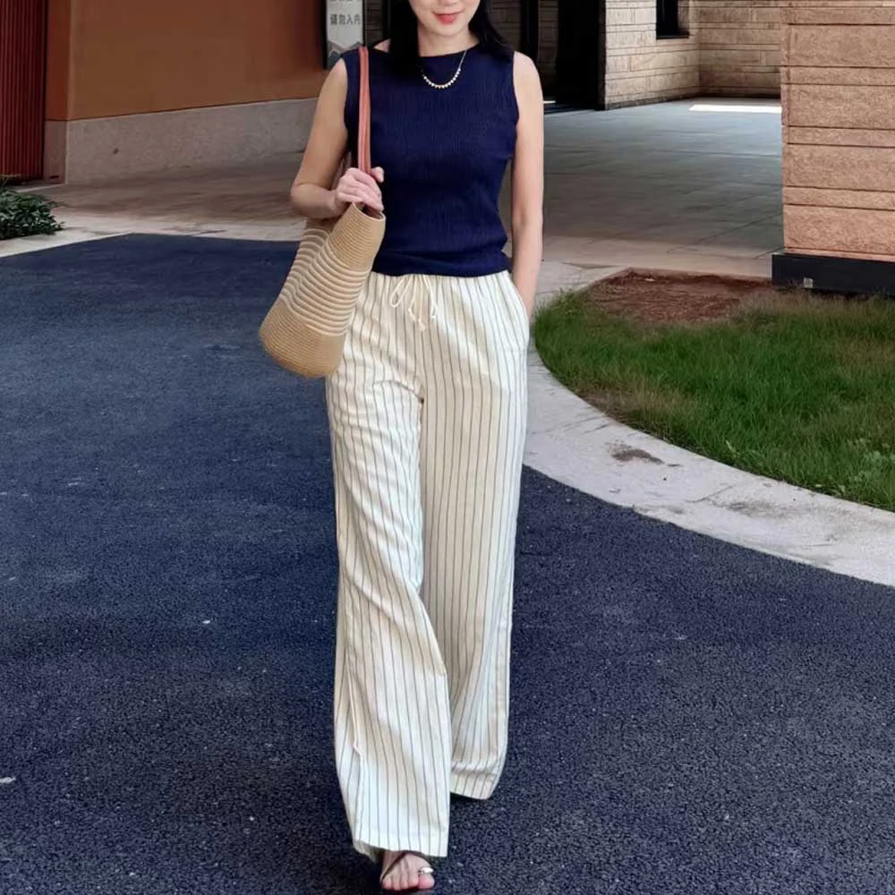 U原单剪标夏季女竖条纹亚麻裤松紧腰宽松直筒阔腿裤薄款休闲裤