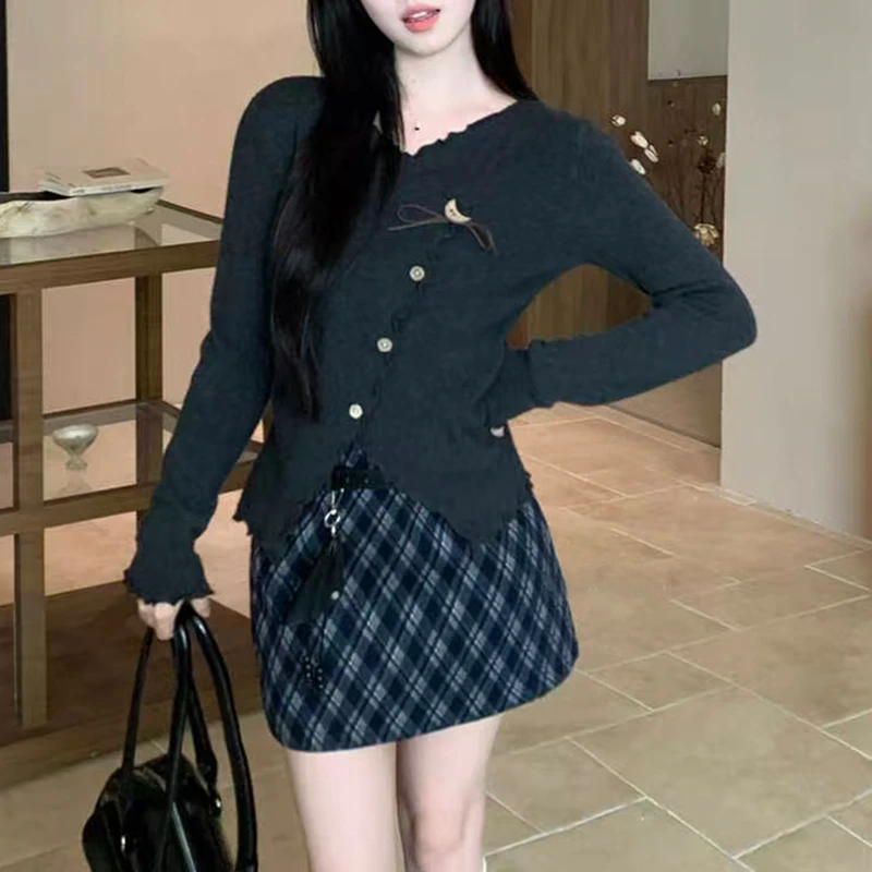 法式木耳边修身长袖T恤女秋2025新款大码女装微胖绑扣上衣女