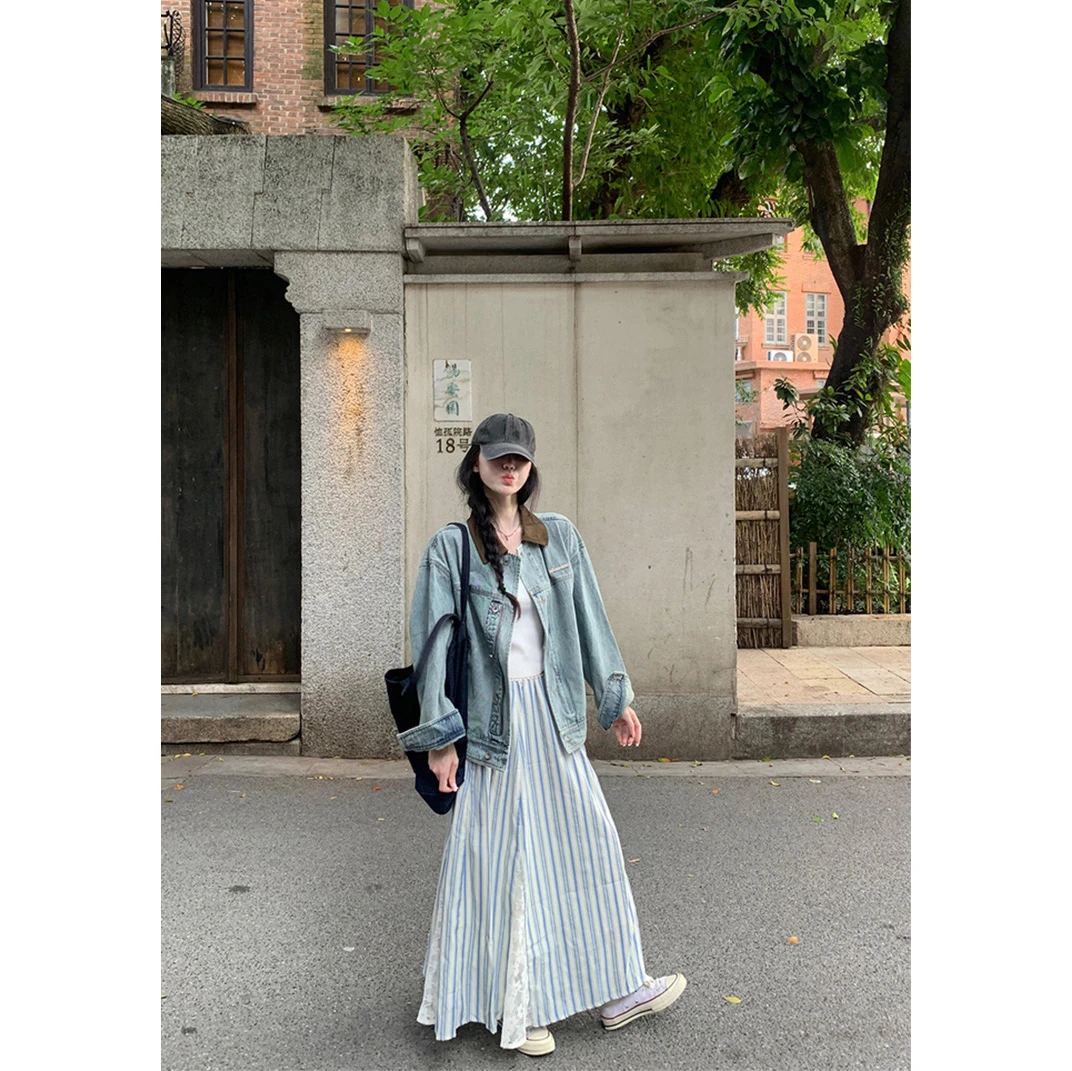 2025秋新款设计感翻领拼接水洗牛仔外套女装百搭复古休闲夹克上衣