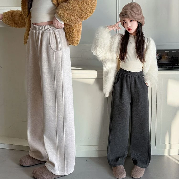 女童加绒裤子秋冬款中大童儿童一体绒阔腿运动裤超好看女孩休闲裤