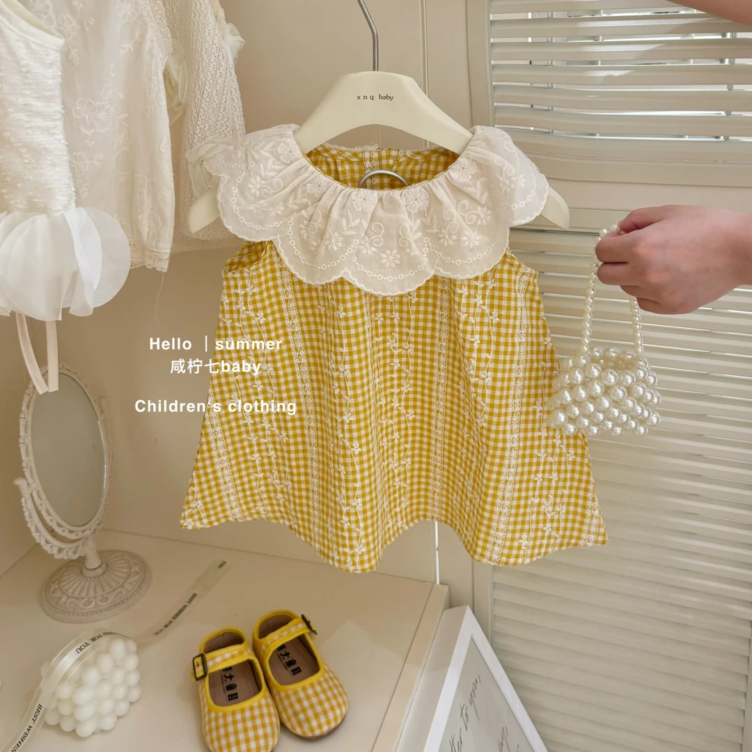 现【咸柠七】女童连衣裙夏季新款韩版儿童花边领格子背心裙女宝宝
