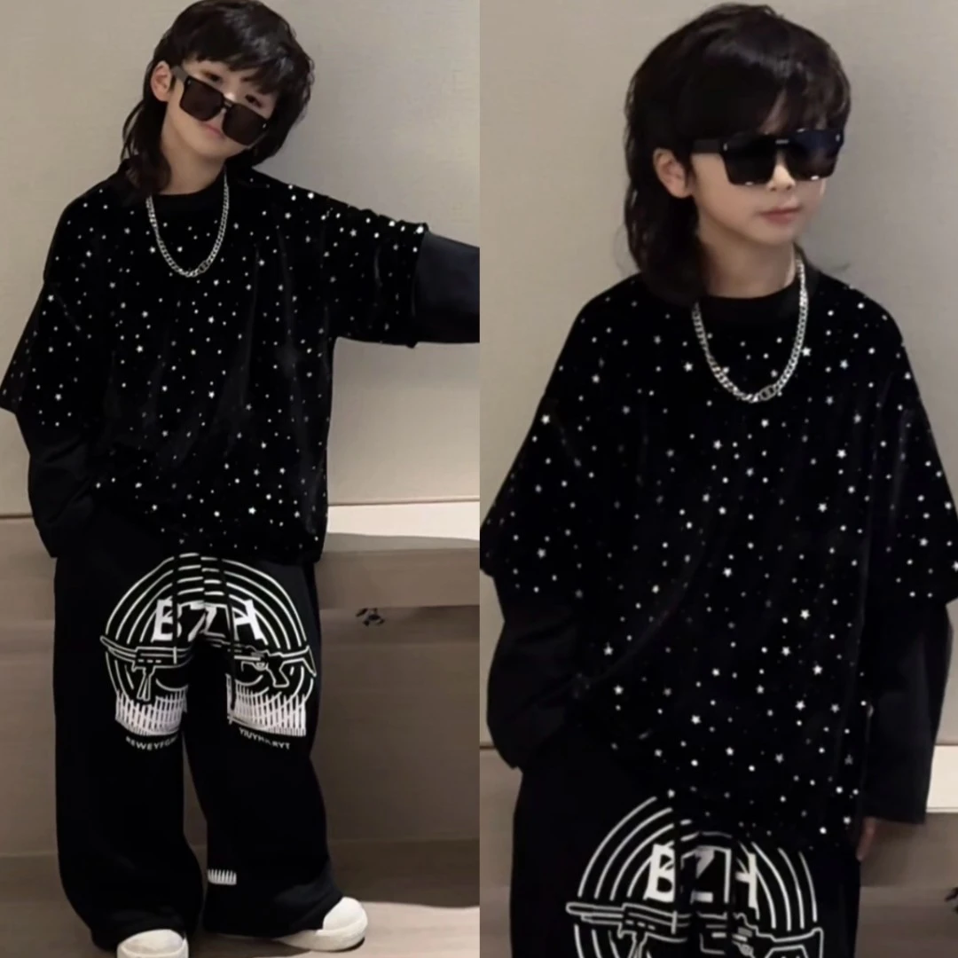 乐乐家儿童波点时尚圆领长袖传统烫银男童女童假两件亮闪打底