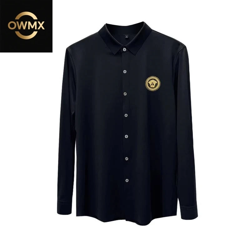 秋季高端刺绣徽章修身弹力免烫抗皱衬衫男款商务休闲男士长袖衬衣