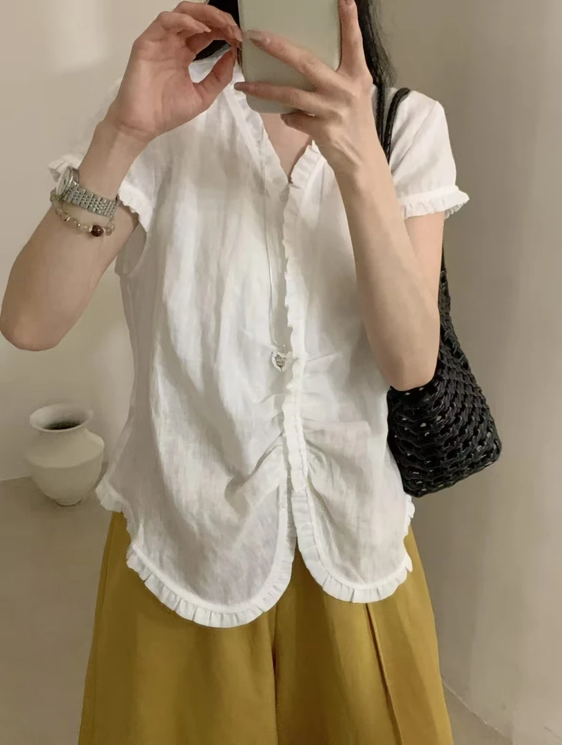 P&C studio 木耳边V领亚麻小上衣