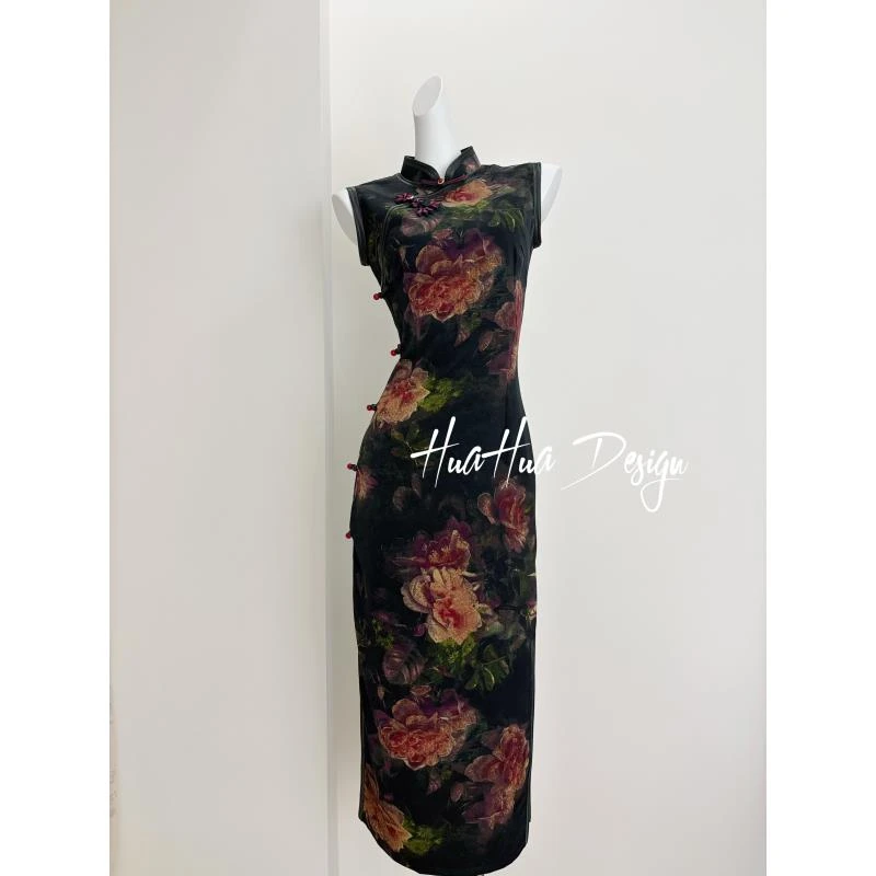 【红袖飞花】油画文艺植物花卉低领日常旗袍时尚显瘦气质长120