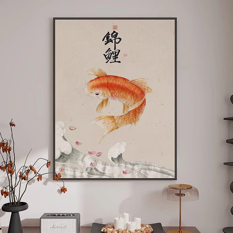 新中式锦鲤鱼挂画书房玄关大气入户摆客厅2025房间新款餐厅挂画