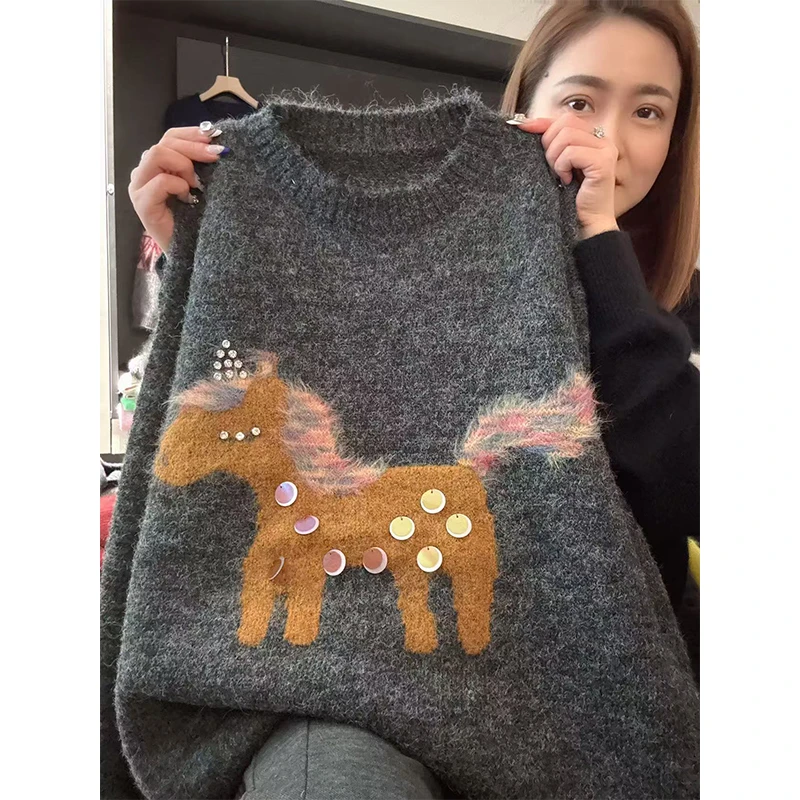 亮片马」慵懒风~冬季亮片小马套头毛衣宽松显瘦内搭针织衫-5671