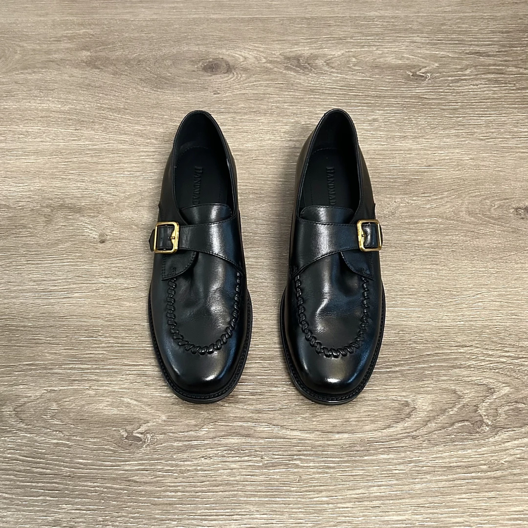 Dannyfrey英伦风头层牛皮复古金属扣女百搭休闲一脚蹬乐福鞋3.5CM