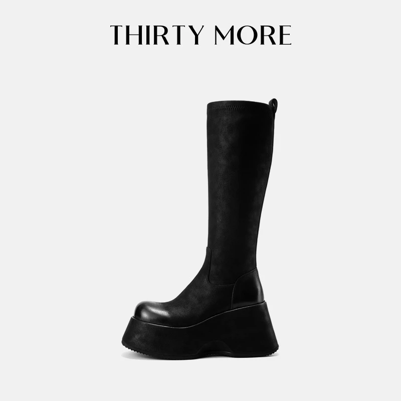 【城市漫步】Thirty More复古弹力靴女2025秋冬新款瘦瘦靴长靴黑