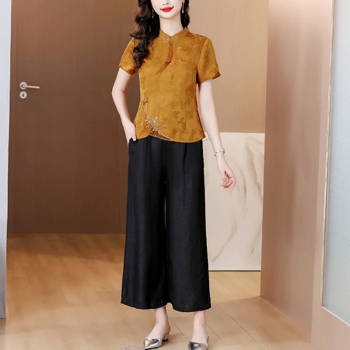 新中式复古妈妈装刺绣小衫上衣阔腿裤两件套夏中老年女装宽松套装