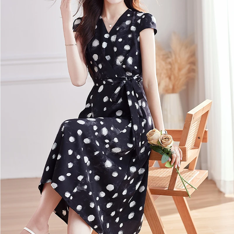 夏季洋气连衣裙大码中长款女装收腰显瘦气质减龄短袖雪纺碎花裙