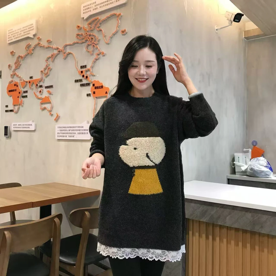 韩国东大门冬季可爱卡通小熊圆领毛衣女宽松百搭针织衫深灰色上衣