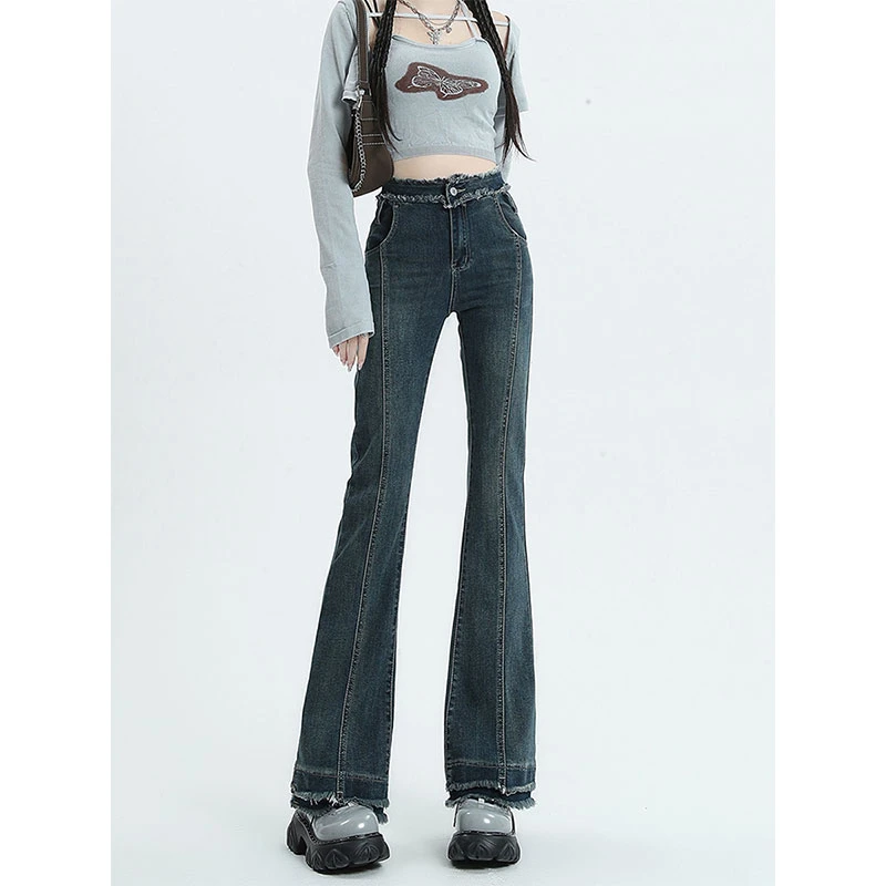 【4252】【工厂清货】微喇叭牛仔裤女流苏辣妹高腰显高显瘦拖地长裤子