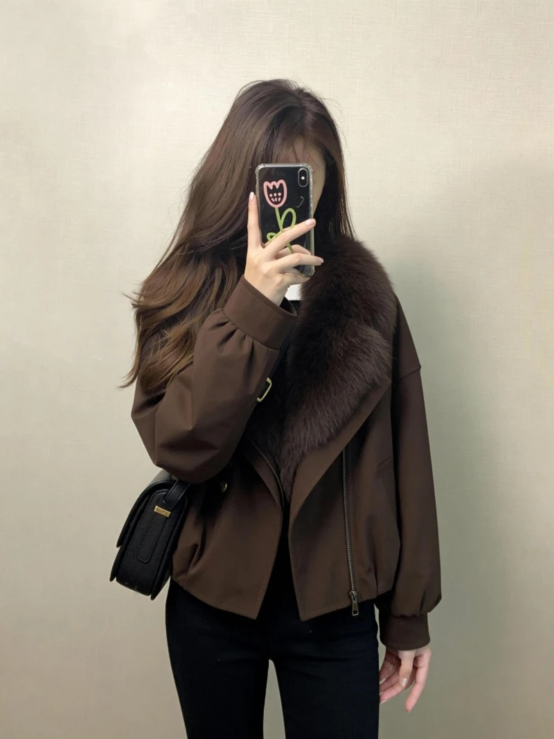 咖色大翻毛领外套女2026新款巨好看冬装加厚上衣休闲美式短款夹克