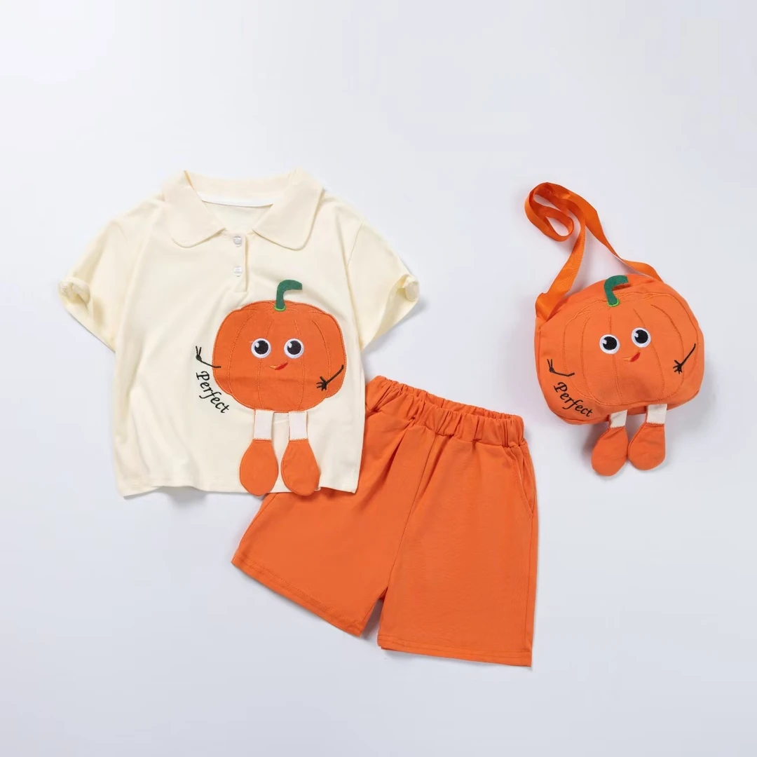 13575趣味亲子装polo领短袖t恤一家三口母女立体刺绣南瓜套装