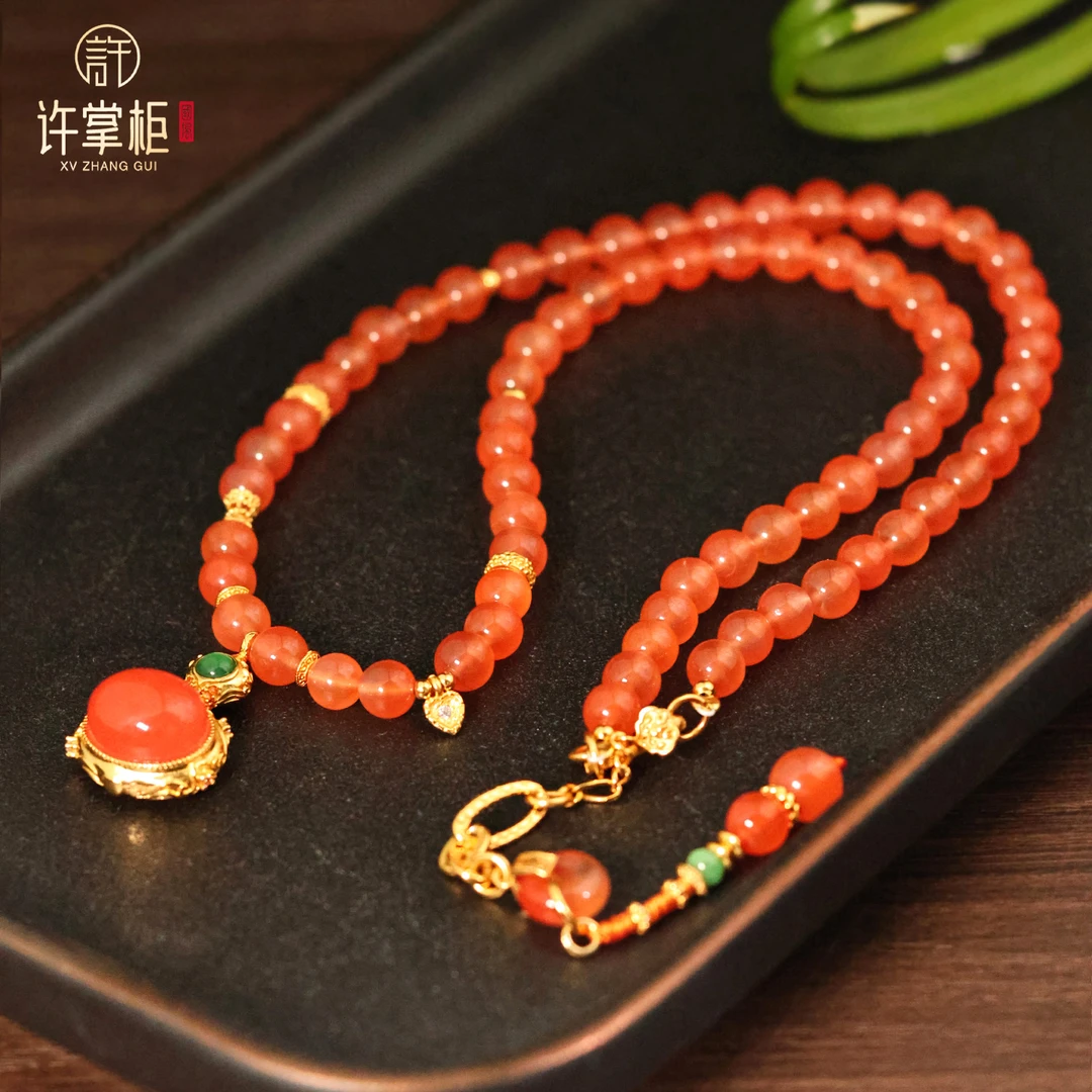 YGY｜S925银镶天然南红项链圆珠配饰气质精美精致简约经典百搭