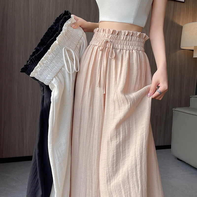 La Chapelle/拉夏贝尔木耳边冰丝亚麻阔腿裤夏季系带大裤脚裙裤