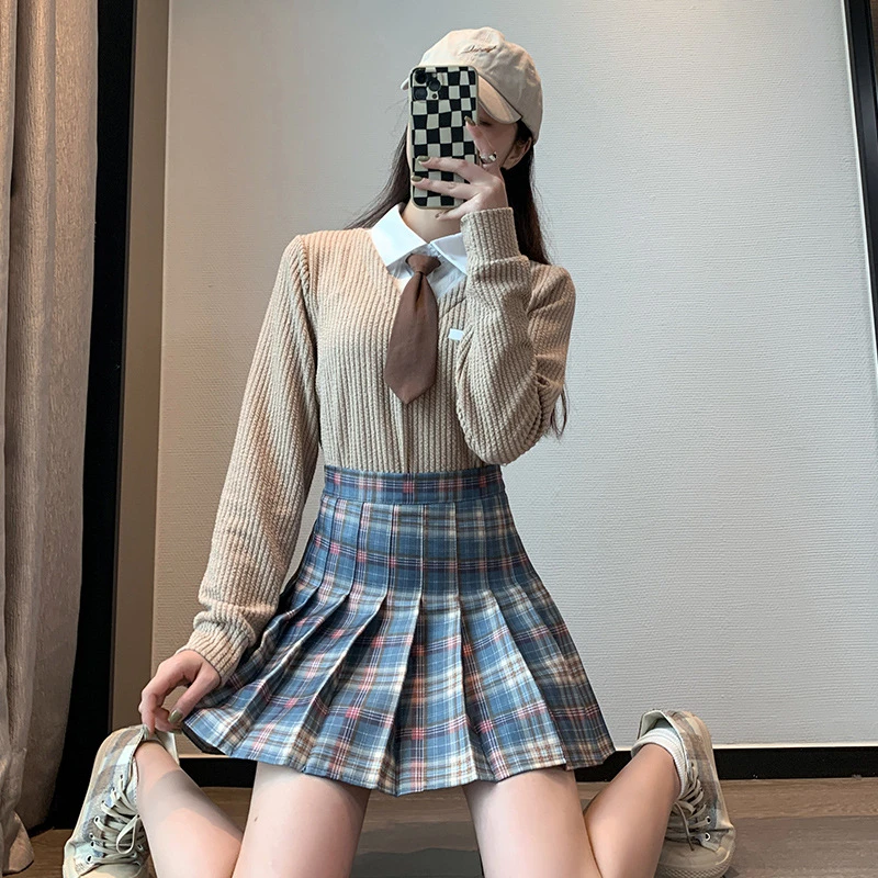 半身裙女装高腰百褶裙格子款a字短裙2025春季新款学院风小个子