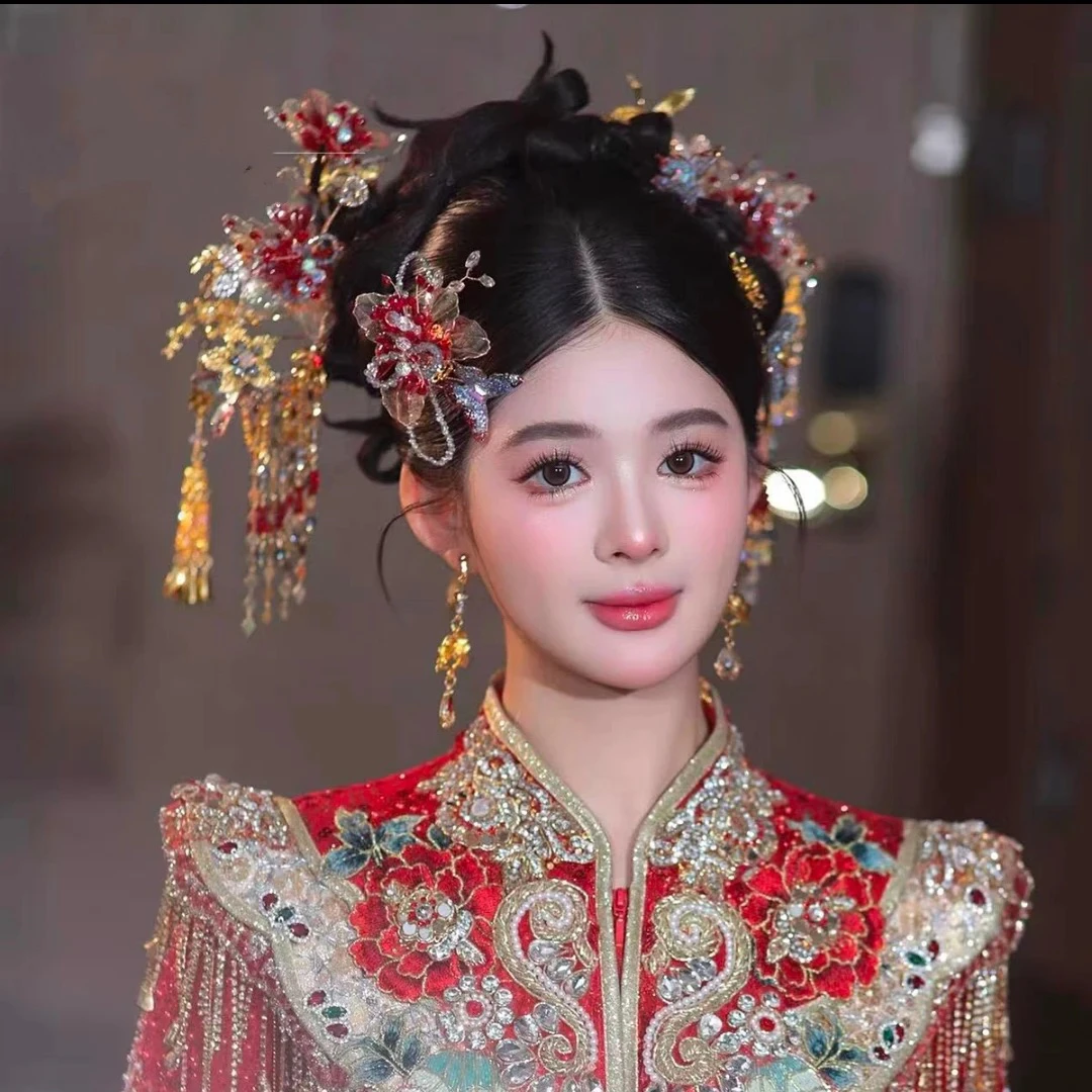 Z8360新娘奢华气质红色金色简约流苏宫廷复古新娘头饰结婚