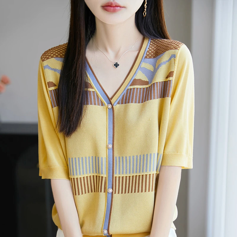 夏季美拉德色系100莱赛尔天丝V领提花短袖针织开衫中袖上衣NSY022