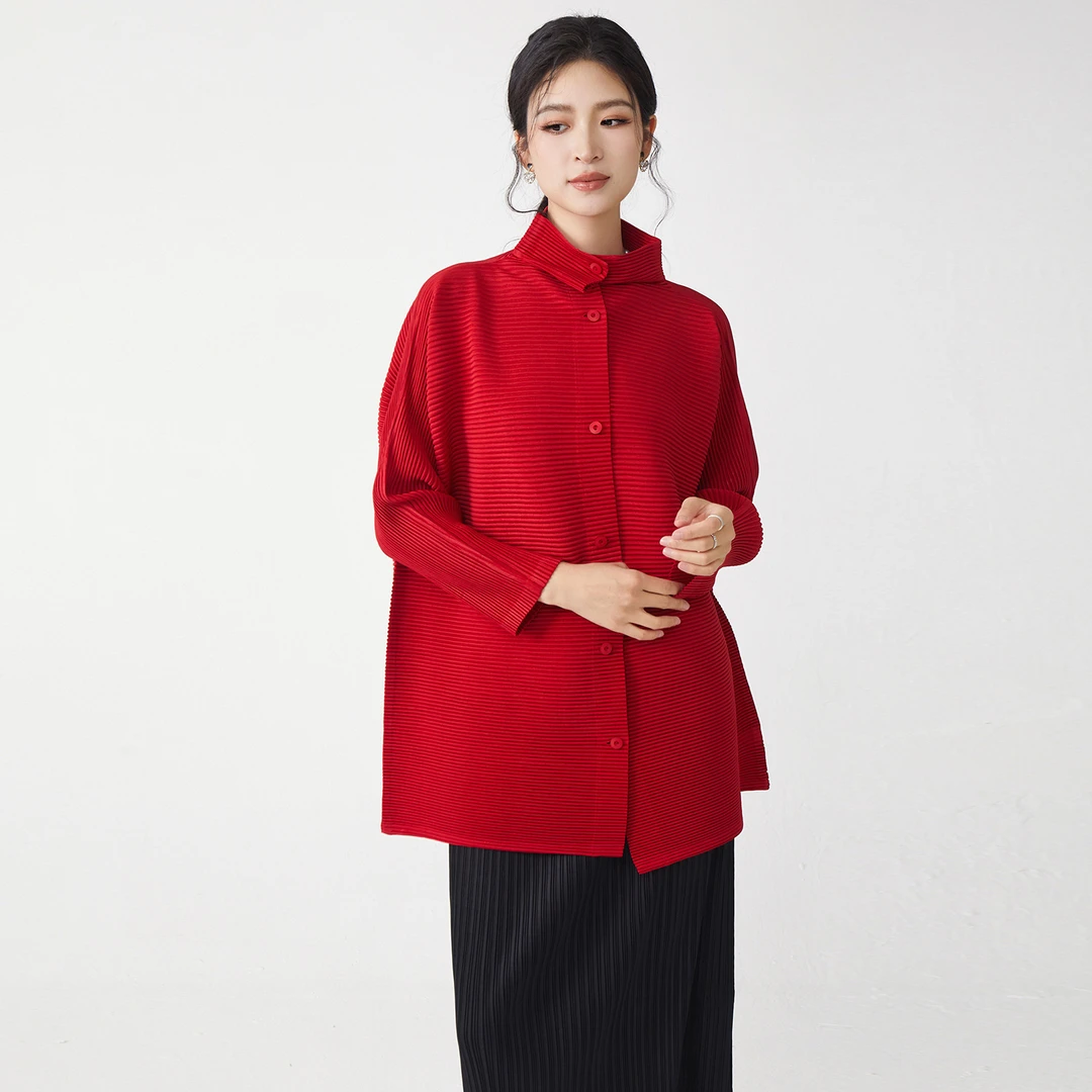 日系褶皱上衣小外套显瘦时尚风琴褶宽松百搭炸街单排扣衬衫潮