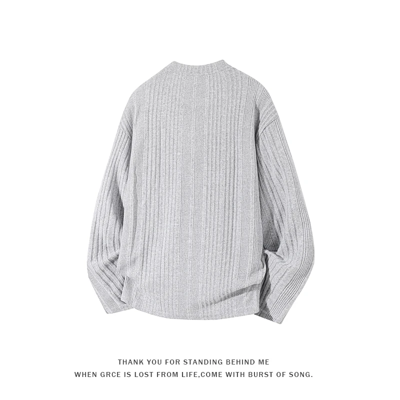 高级感褶皱纹理长袖T恤男士休闲运动微弹打底衫小众圆领垂感毛衣