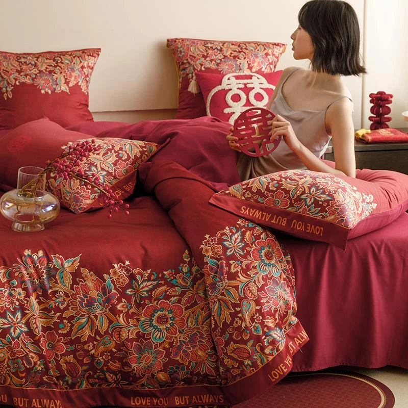 水星高端家纺轻奢高级感印花婚庆四件套红色床单被套婚床喜被陪嫁