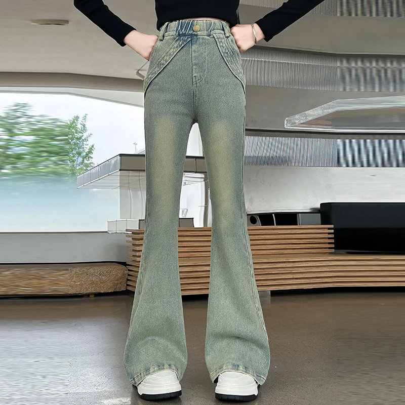 女童春装牛仔裤子弹力新款儿童休闲长裤春秋大童洋气修身微喇叭裤