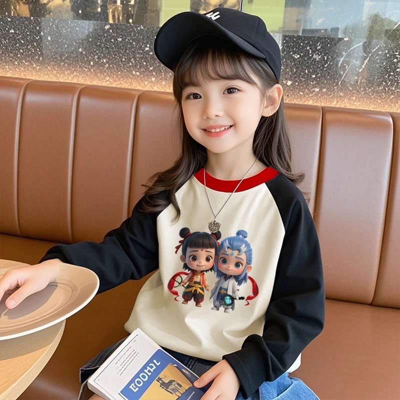 哪吒敖丙拼色儿童T恤撞色时尚宽松纯棉圆领长袖上衣服秋季男女童