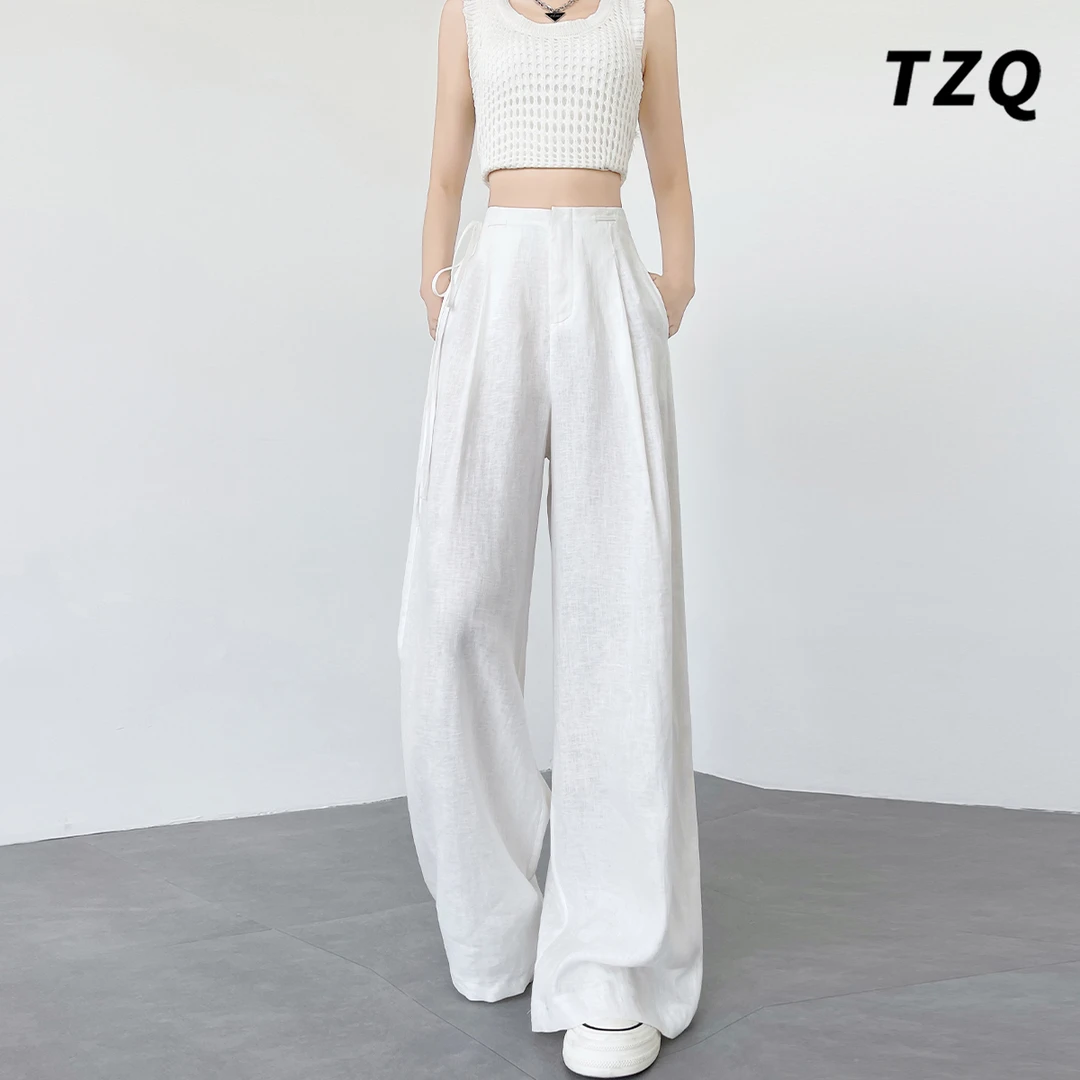 冰丝白色高级亚麻阔腿裤女秋季厚款直筒垂感拖地西装裤TZQ2560725