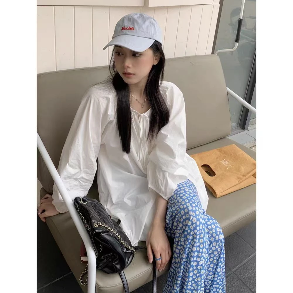 韩系慵懒风小清新白色中长款短袖衬衫女宽松两件套碎花休闲喇叭裤